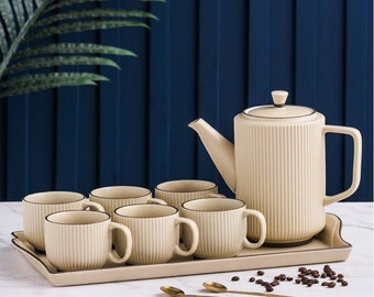 Vintage Stripe Ceramic Tea Set | Teapot Tea Cups | House Warming Gifts | Kungfu Tea | Tea Art and Culture | Biege Green Gray