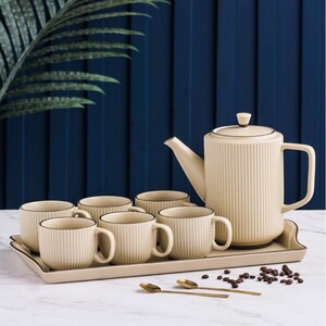 Vintage Stripe Ceramic Tea Set Teapot Tea Cups House Warming Gifts Kungfu Tea Tea Art and Culture Biege Green Gray image 1