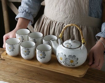 Large Handmade Oriental Ceramic Flower Design Tea Set | Teapot Tea Cups | House Warming Gifts | Kungfu Tea | Tea Art