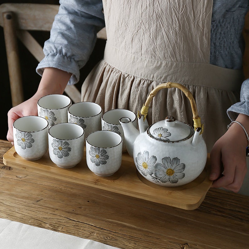 Large Handmade Oriental Ceramic Flower Design Tea Set Teapot Tea Cups House Warming Gifts Kungfu Tea Tea Art image 1