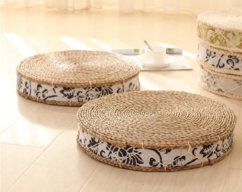 Japanese Round Straw Weaved Cushion Seat with Flora Print | Floor Pillow | Japanese Futon | Oriental Decoration | Thick Tatami Seat