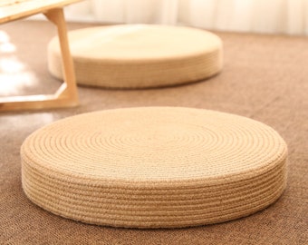 Coussin d'assise rond japonais en paille tissée | Oreiller de sol | Futon japonais | Décoration orientale | Assise épaisse en tatami