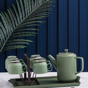 Vintage Stripe Ceramic Tea Set Teapot Tea Cups House Warming Gifts Kungfu Tea Tea Art and Culture Biege Green Gray image 4