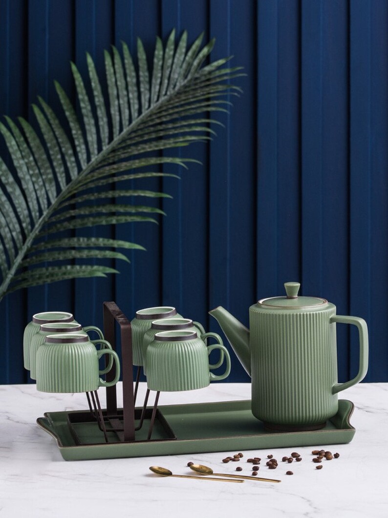 Vintage Stripe Ceramic Tea Set Teapot Tea Cups House Warming Gifts Kungfu Tea Tea Art and Culture Biege Green Gray image 4