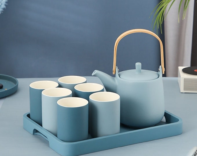 Japanese Minimalist Blue Ceramic Tea Set | Teapot Tea Cups | House Warming Gifts | Kungfu Tea | Tea Art and Culture | Large Volume