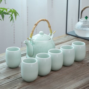 Oriental Minimal Green Color Large Ceramic Tea Set | Teapot with Bamboo Hanger Tea Cups | House Warming Gifts | Kungfu Tea | Tea Art