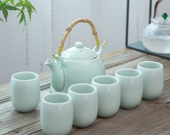 Oriental Minimal Green Color Large Ceramic Tea Set | Teapot with Bamboo Hanger Tea Cups | House Warming Gifts | Kungfu Tea | Tea Art