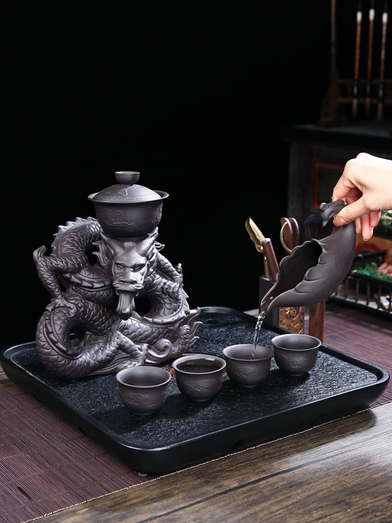 Oriental Dragon Design Purple Clay Tea Set Tureen Tea Cups Kungfu Tea Tea Art Gift for him and her Antique Tea Set image 1