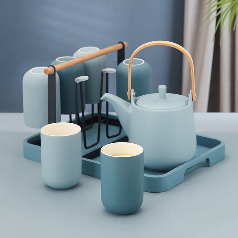 Japanese Minimalist Blue Ceramic Tea Set Teapot Tea Cups Etsy