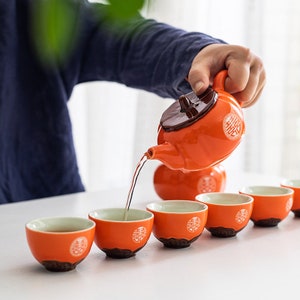 Double Happiness Persimmon Wedding Ceramic Modern Tea Set | Orange Teapot Tea Cups | Wedding Ceremony