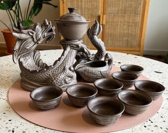 Oriental Dragon Brown Ceramic Tea Set | Gaiwan Tea Cups | Kungfu Tea | Tea Art | Gift for him and her | Antique Tea Set | Japanese Tea Set