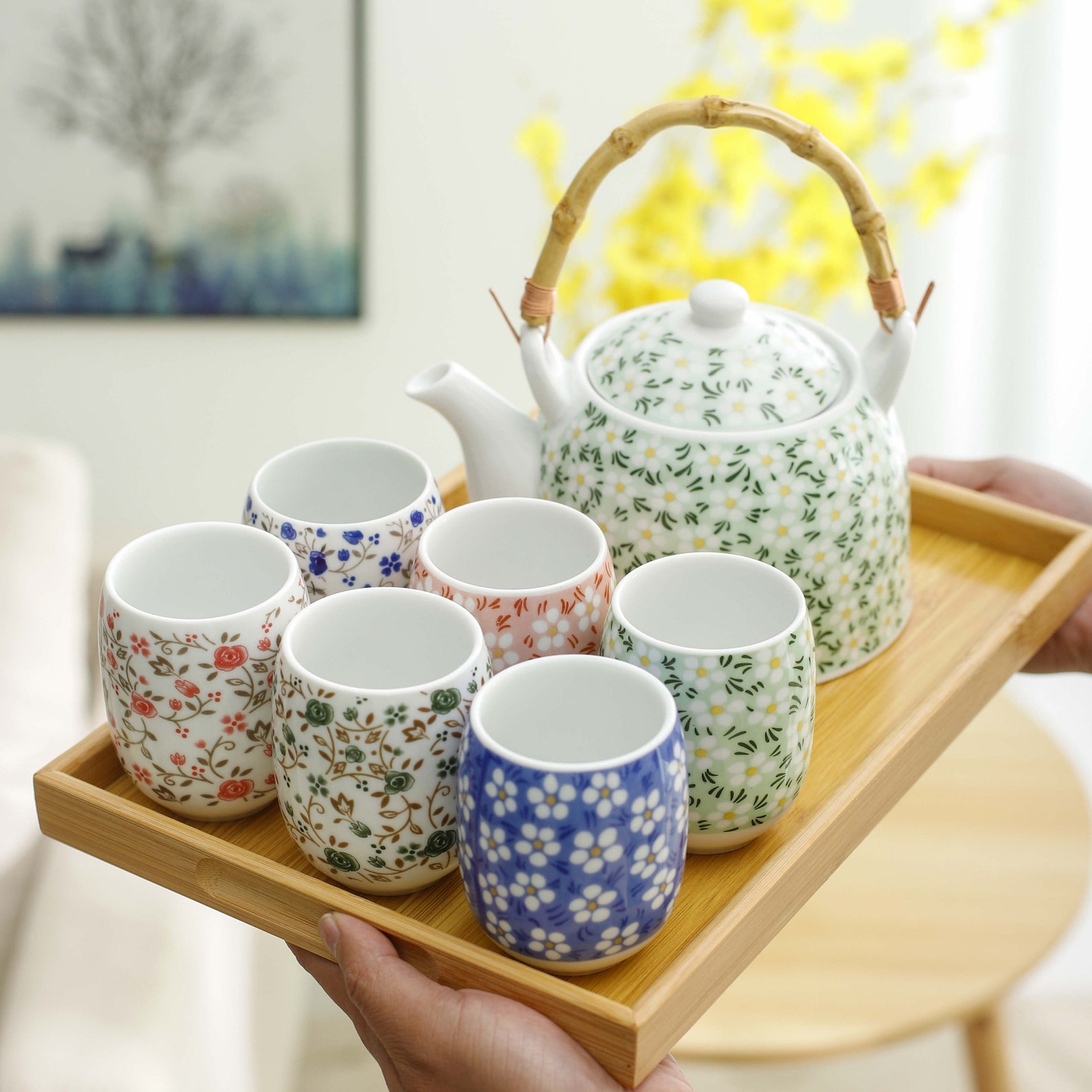 Japanese Flower Print Ceramic Tea Set with multicolors Etsy