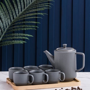 Vintage Stripe Ceramic Tea Set Teapot Tea Cups House Warming Gifts Kungfu Tea Tea Art and Culture Biege Green Gray image 5