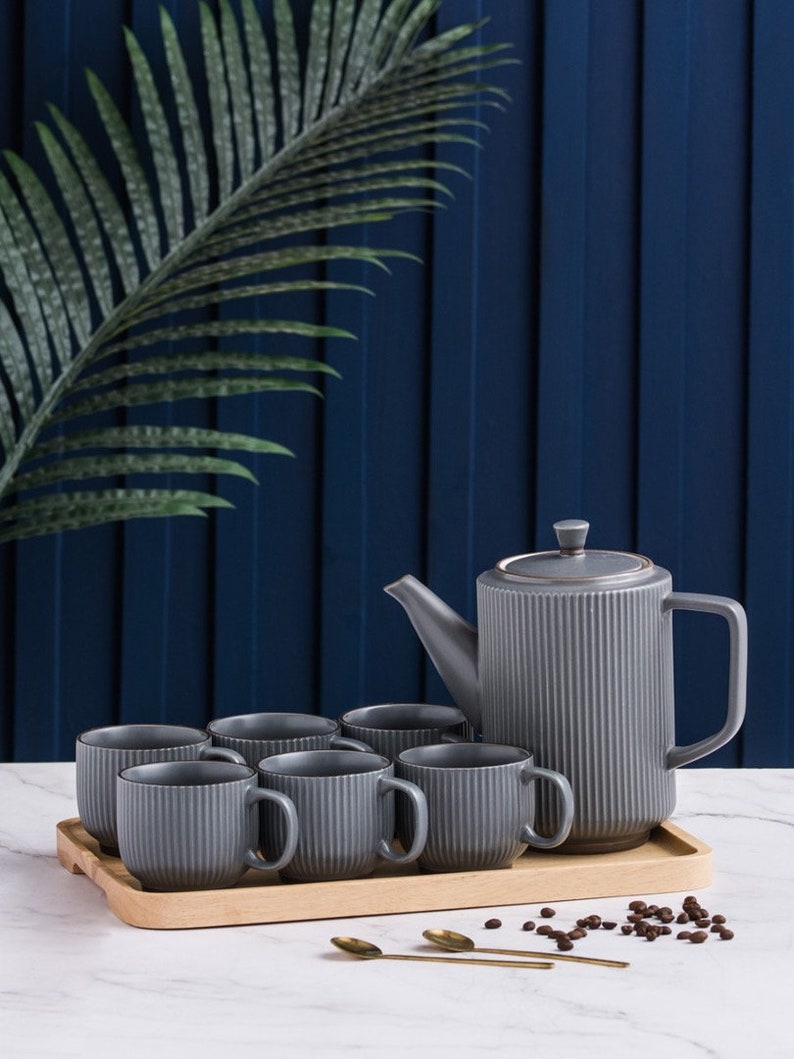 Vintage Stripe Ceramic Tea Set Teapot Tea Cups House Warming Gifts Kungfu Tea Tea Art and Culture Biege Green Gray image 5