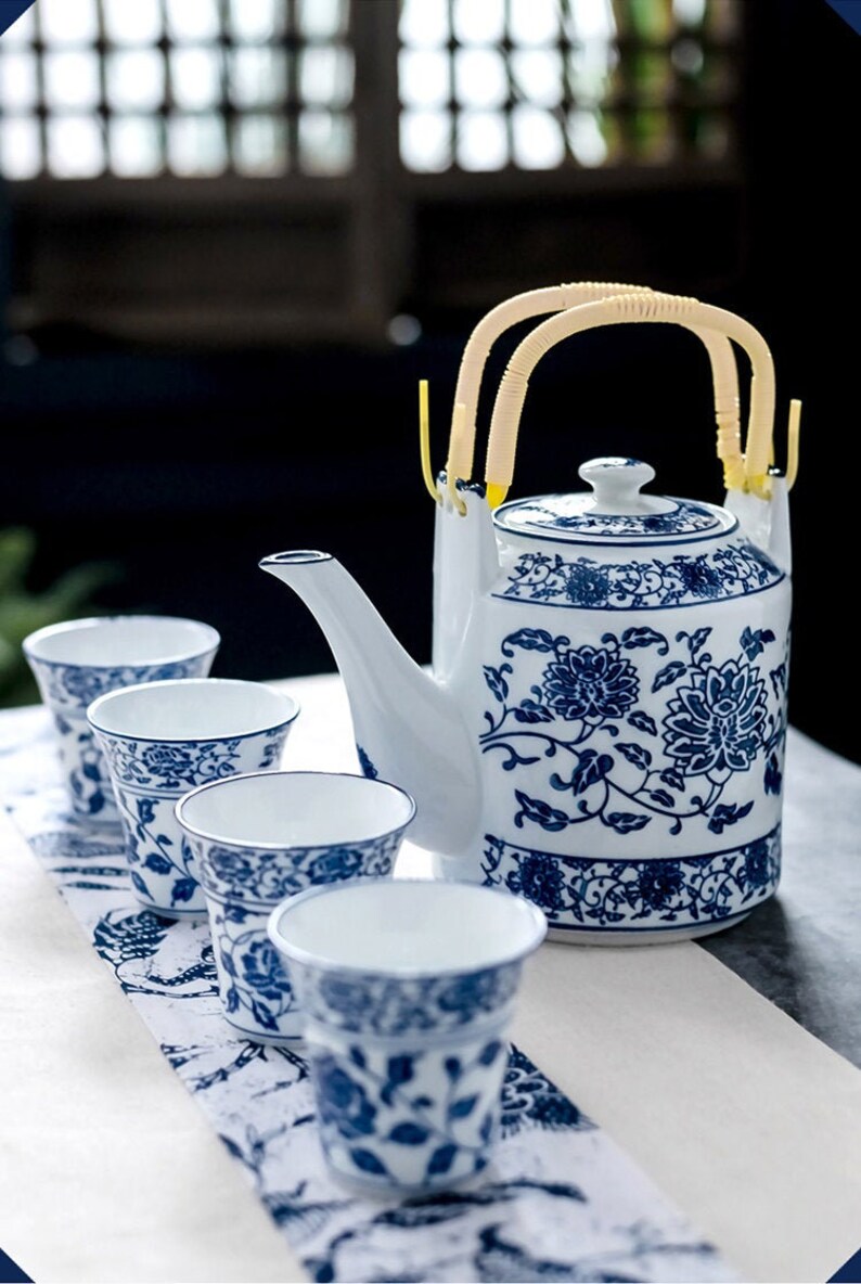 Oriental Flower China Blue Tea Set House Warming Gifts Tea Etsy