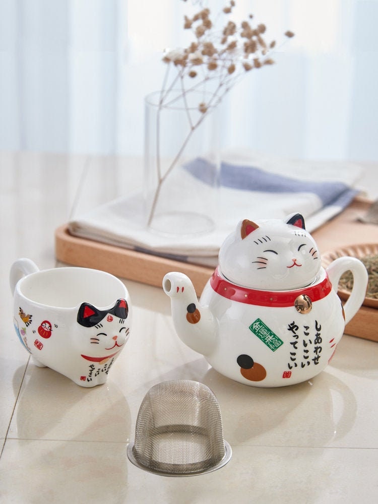 Tea Set for Cat Lovers Portable Cute Cat Cup One Pot And Two Cups Outd –  acacuss