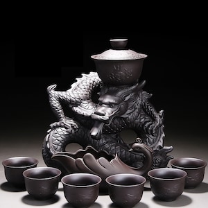 Oriental Dragon Design Purple Clay Tea Set Tureen Tea Cups Kungfu Tea Tea Art Gift for him and her Antique Tea Set image 4