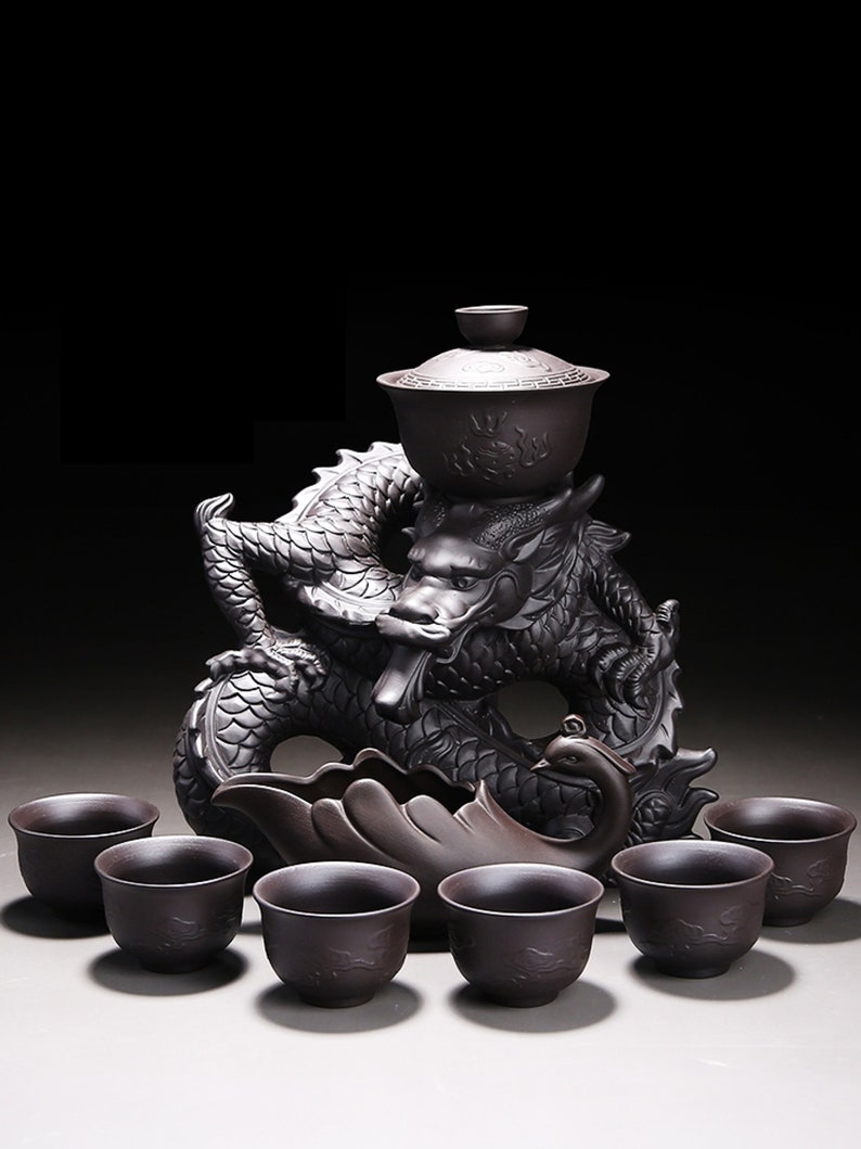 Oriental Dragon Design Purple Clay Tea Set Tureen Tea Cups Kungfu Tea Tea Art Gift for him and her Antique Tea Set image 4