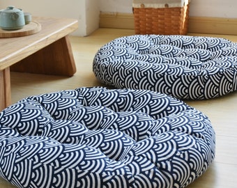 Japanese Blue Wave Cushion Seat | Floor Pillow | Japanese Futon | Oriental Decoration | Thick Tatami Seat | Natural Plant Dye Color