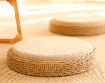 Japanese Round Hemp Rope Seat with Cushion | Floor Pillow | Japanese Futon | Oriental Decoration | Thick Tatami Seat