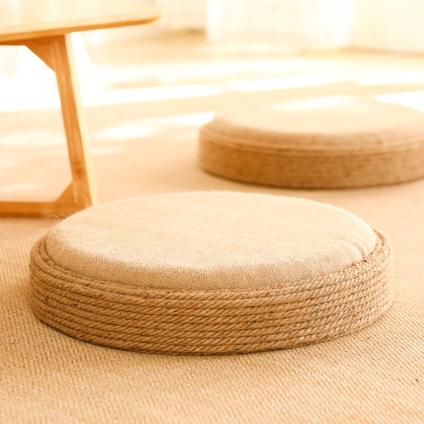 Japanese Round Hemp Rope Seat with Cushion | Floor Pillow | Japanese Futon | Oriental Decoration | Thick Tatami Seat