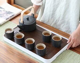 Oriental Stripe Vintage Coarse Ceramic Blue Red BlackTea Set | Teapot Tea Cups | House Warming Gifts | Kungfu Tea | Tea Art | Japanese Tea