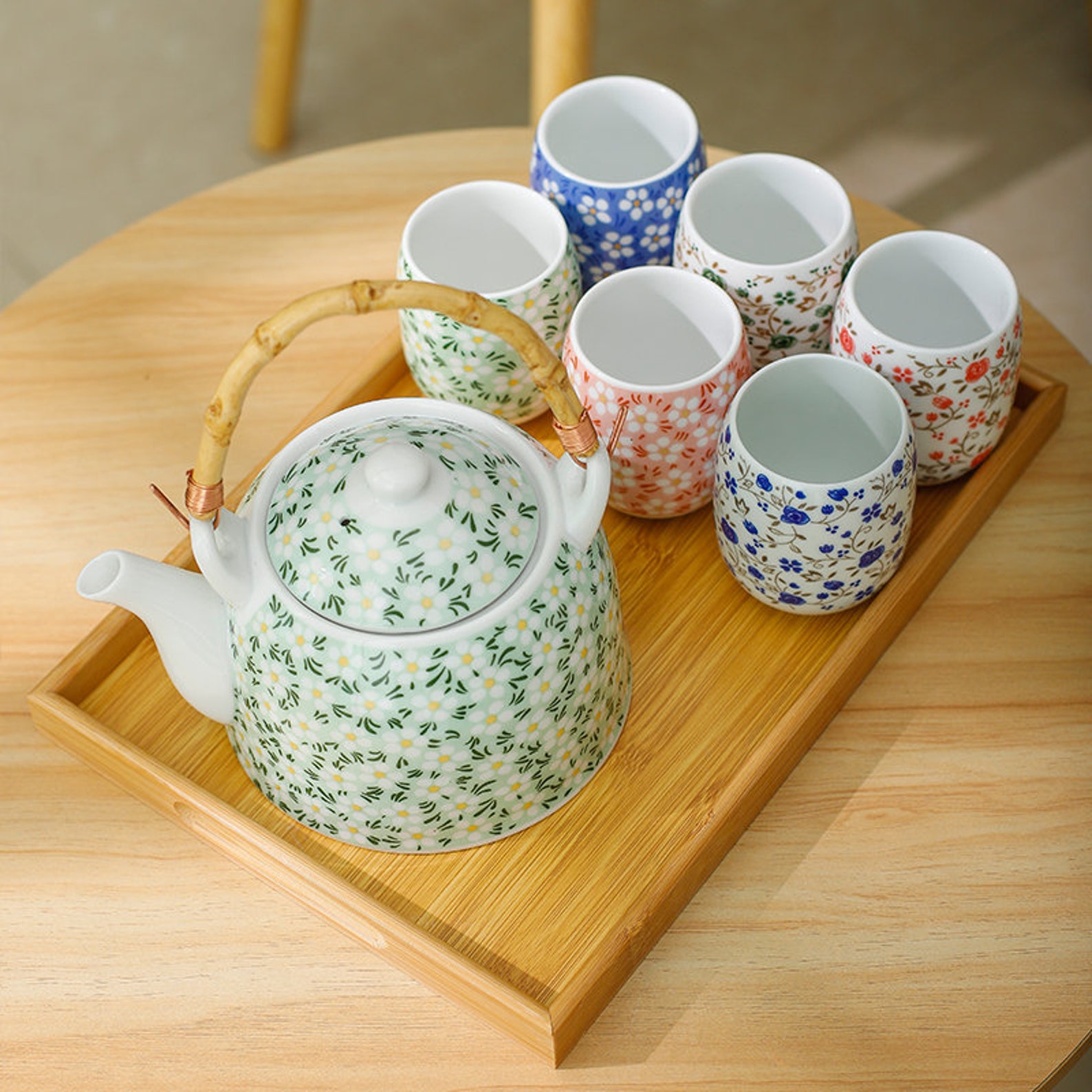 Japanese Flower Print Ceramic Tea Set With Multicolors Etsy