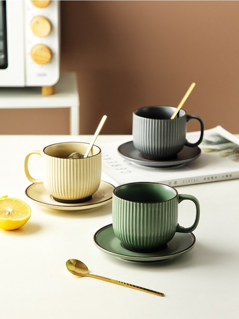 Vintage Stripe Ceramic Tea Set Teapot Tea Cups House Warming Gifts Kungfu Tea Tea Art and Culture Biege Green Gray image 6