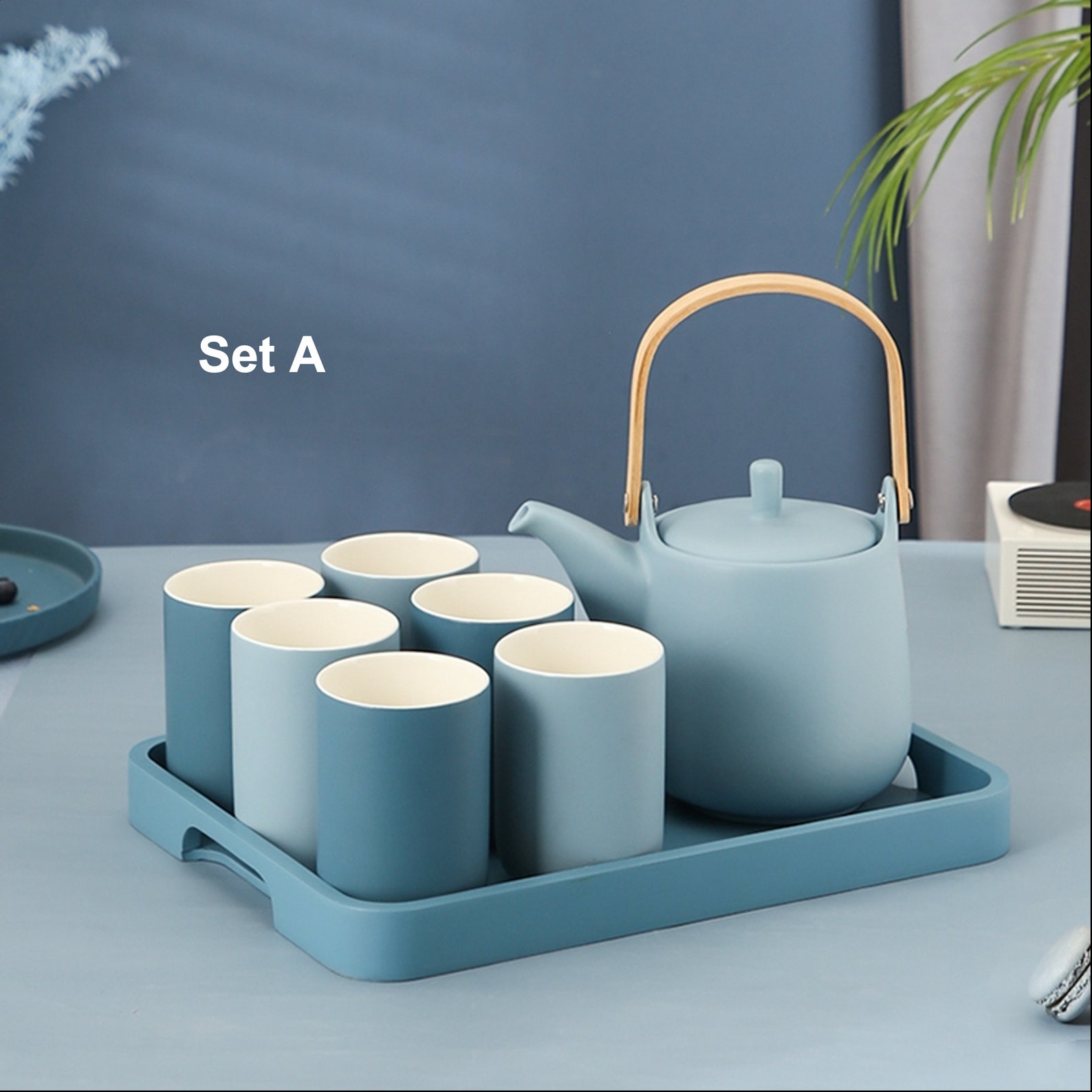 Japanese Minimalist Blue Ceramic Tea Set Teapot Tea Cups - Etsy