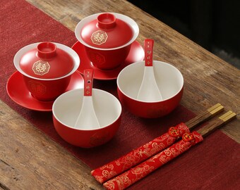 Double Happiness Wedding Red Ceramic Tea Set Bowl Chopstick | Oriental Wedding Ceremony