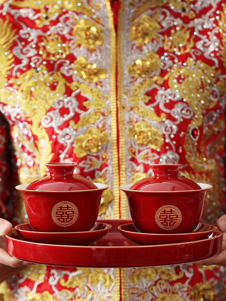 soupière en céramique de mariage oriental gaiwan | tasses à thé théière rouge cérémonie mariage