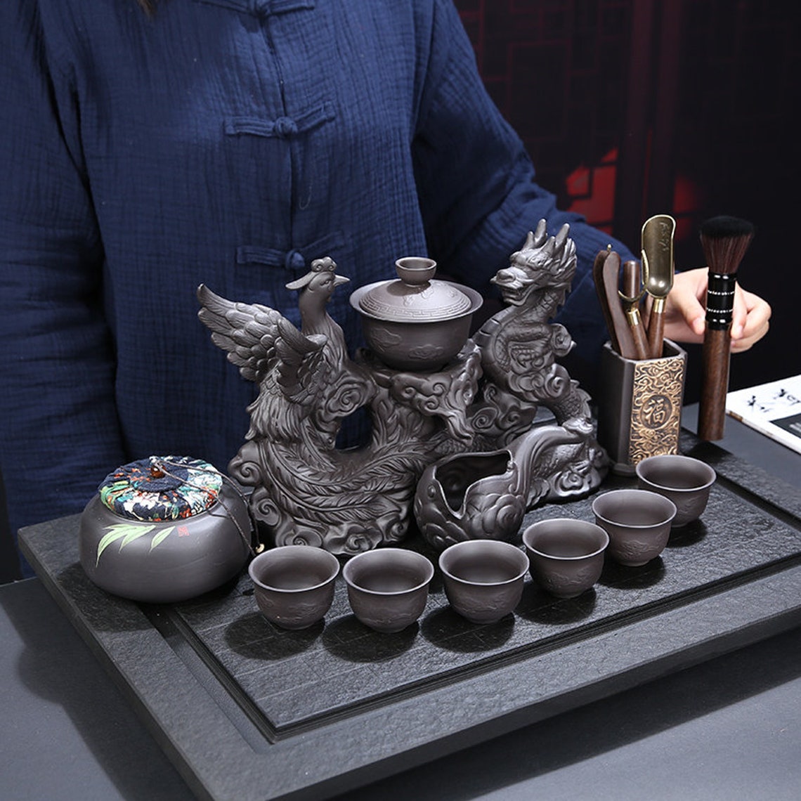 Oriental Dragon and Phoenix Purple Clay Tea Set Tureen Tea Etsy