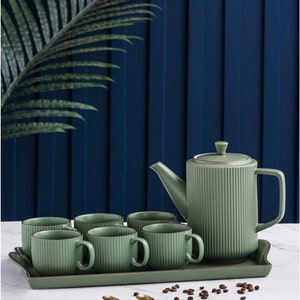 Vintage Stripe Ceramic Tea Set Teapot Tea Cups House Warming Gifts Kungfu Tea Tea Art and Culture Biege Green Gray image 3