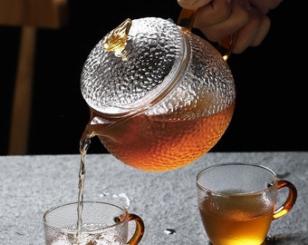 Japanese Glass Tea Set | Oriental Minimal Teapot Tea Cups | House Warming Gifts | Tea Art | Kungfu Tea | Large Size | Rough Glass Texture