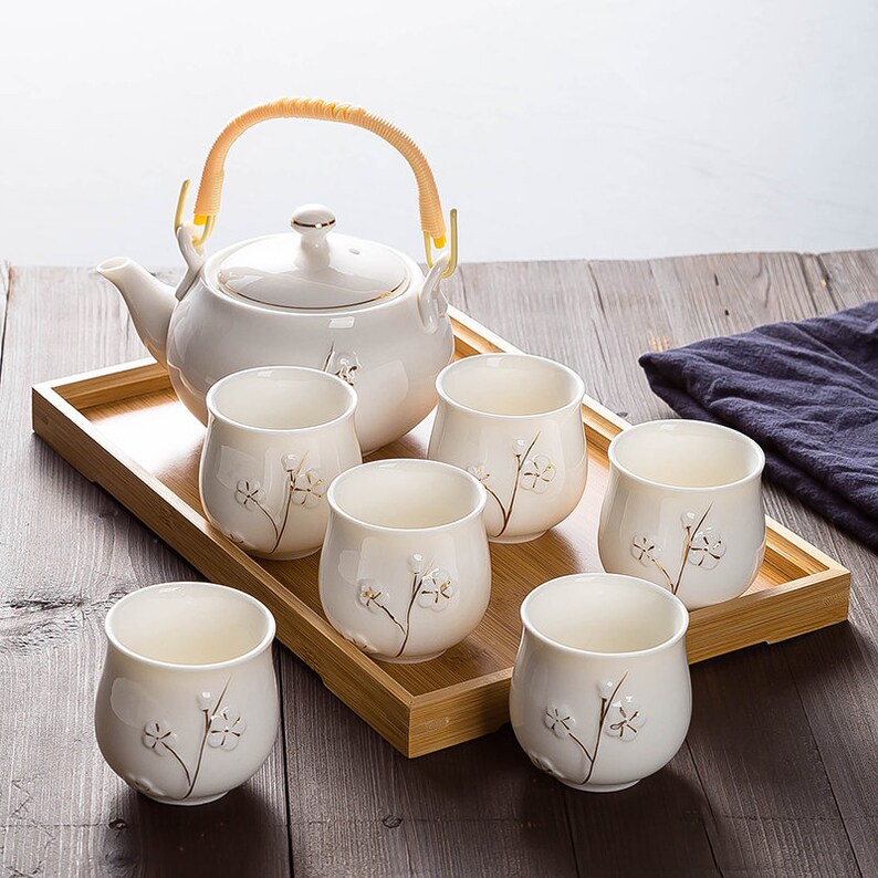 Oriental Plum Blossom Flower Ceramic Tea Set | Teapot Tea Cups | House Warming shops Gifts | Kungfu Tea | Tea Art