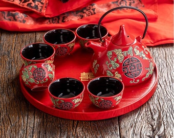 Oriental Red Wedding Ceramic Tea Set | Teapot Teacups | Wedding Decoration and Ceremony | Double Happiness | Chinese Wedding