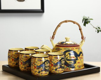 Oriental Dragon Yellow Ceramic with bamboo hanger Tea Set | Teapot Tea Cups | House Warming Gifts | Kungfu Tea | Tea Art
