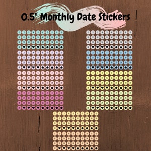 May include: A set of 0.5 inch monthly date stickers in pastel colors with different designs. The stickers are arranged in four rows of 31 circles, each with a number from 1 to 31. The designs include hearts, stars, and circles.