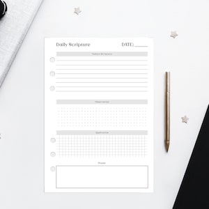 May include: A printable daily scripture journal page with sections for today's scripture, observations, application, and prayer. The page is designed for use with a disc bound planner.