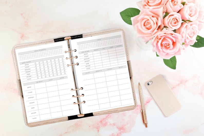 May include: A pink and beige planner with a ring binder. The planner has a daily log, a weekly log, and a habit tracker. The planner is open to a page with a habit tracker. The planner is on a white marble surface with a bouquet of pink roses and a beige phone.