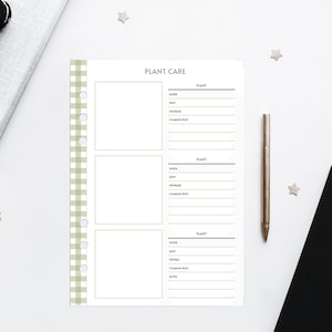 May include: A printable plant care planner with a green and white gingham pattern. The planner has three sections for plant care information, including water, soil, fertilizer, common pests, and notes.
