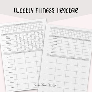 May include: A printable weekly fitness tracker with sections for water intake, daily macros, workouts, and weight tracking. The tracker includes a weekly affirmation section and a space for meal planning.