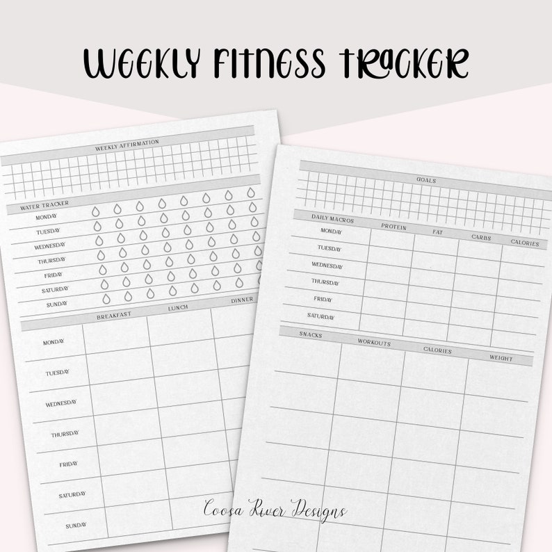 May include: A printable weekly fitness tracker with sections for water intake, daily macros, workouts, and weight tracking. The tracker includes a weekly affirmation section and a space for meal planning.