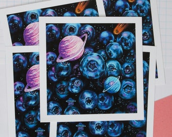 Galactic Berries Print || blueberry galaxy planets painting art print