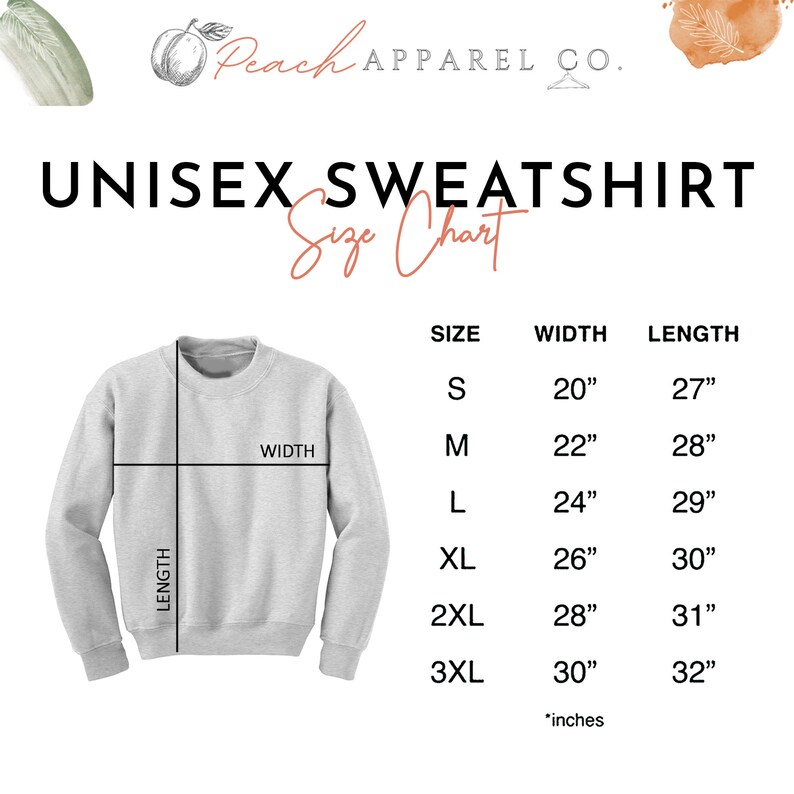 Op de afbeelding: Unisex sweatshirt maattabel met metingen in inches. De tabel toont de breedte en lengte van de sweatshirt in de maten S, M, L, XL, 2XL en 3XL.
