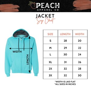 May include: Size chart for a turquoise blue zippered hoodie jacket with a hood. The chart shows sizes S through 3X with corresponding length and width measurements in inches.