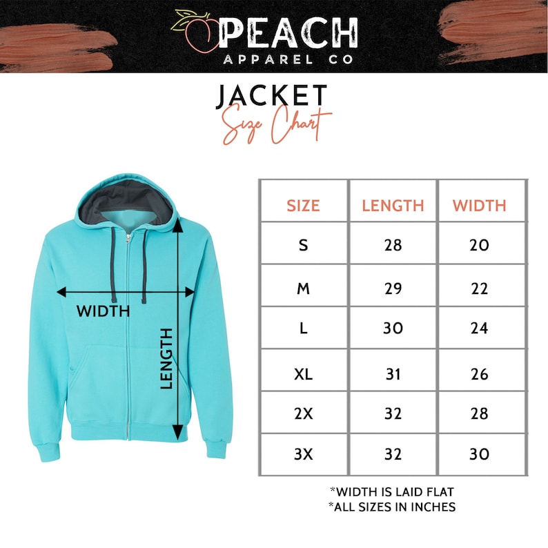 May include: Size chart for a turquoise blue zippered hoodie jacket with a hood. The chart shows sizes S through 3X with corresponding length and width measurements in inches.