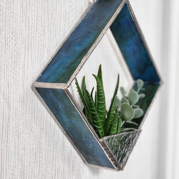 Handmade Blue Stained Glass Shadow Box Floral Wall Planter with Faux Succulents