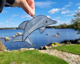 Beautiful Gray Dolphin Stained Glass Small Suncatcher Ornament