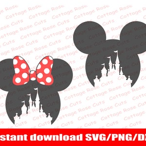 Mickey en Minnie Mouse kasteel SVG, set van twee muis hoofd SVG, Instant download voor Cricut en Silhouette, digitale cut file, Dxf, Png, Svg